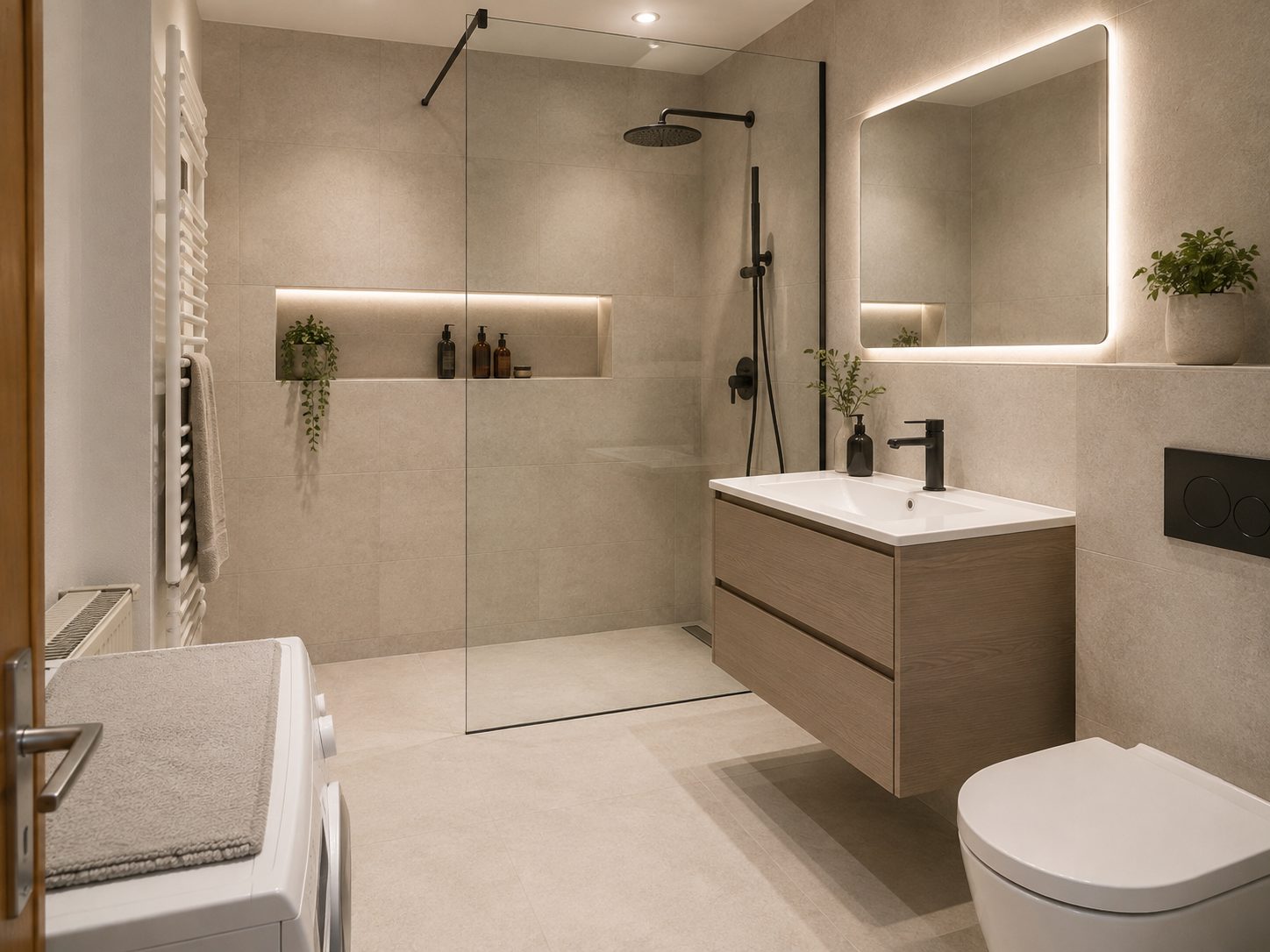 Derselbe Raum nach der Sanierung: bodengleiche Walk-in-Dusche mit Glaswand, großformatige Fliesen, Waschtisch mit beleuchtetem Spiegel.