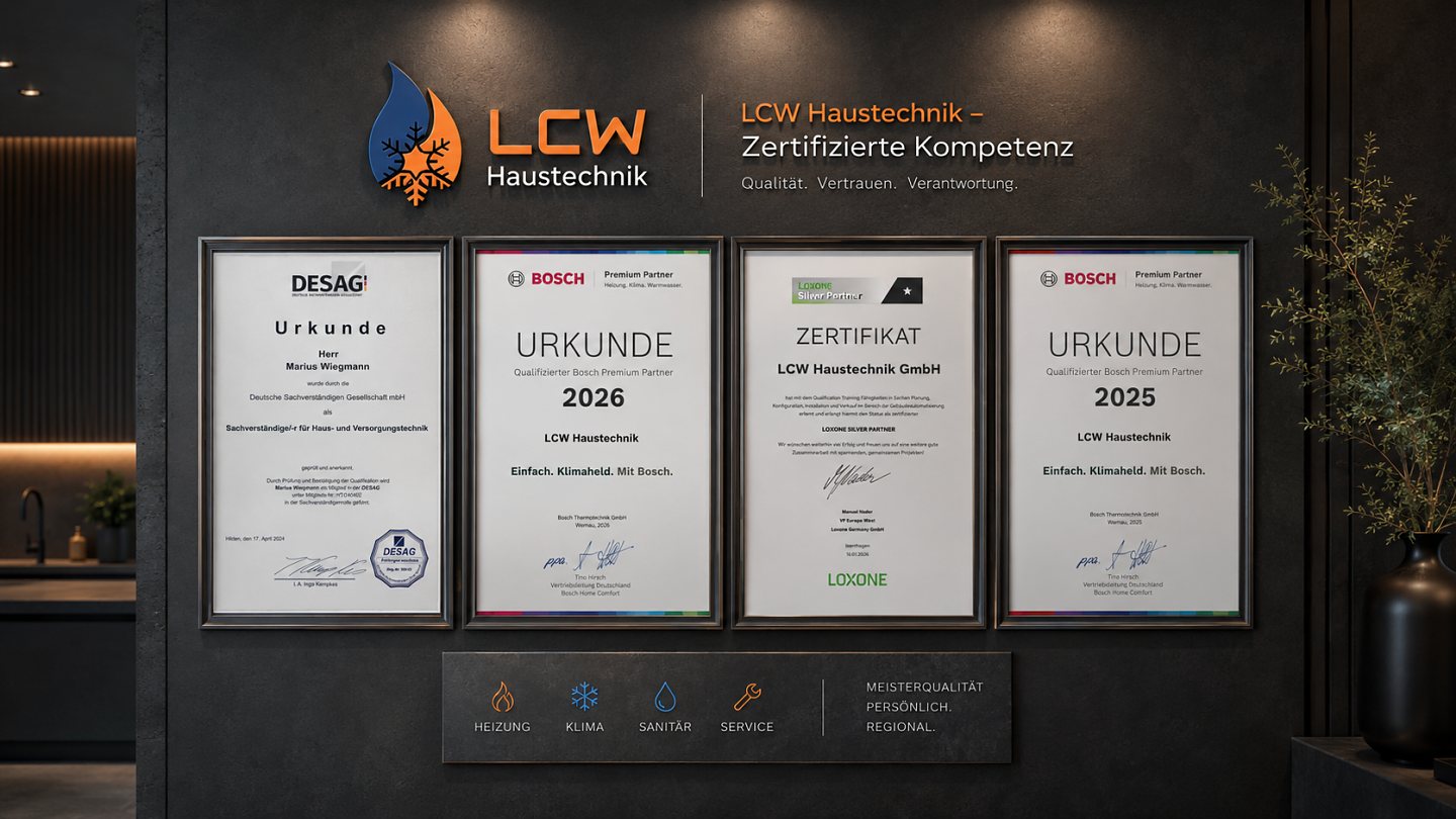 Zertifikatswand der LCW Haustechnik: Urkunde der Deutschen Sachverst&auml;ndigen Gesellschaft f&uuml;r Marius Wiegmann, Bosch Premium Partner 2026 und 2025, Loxone Silver Partner